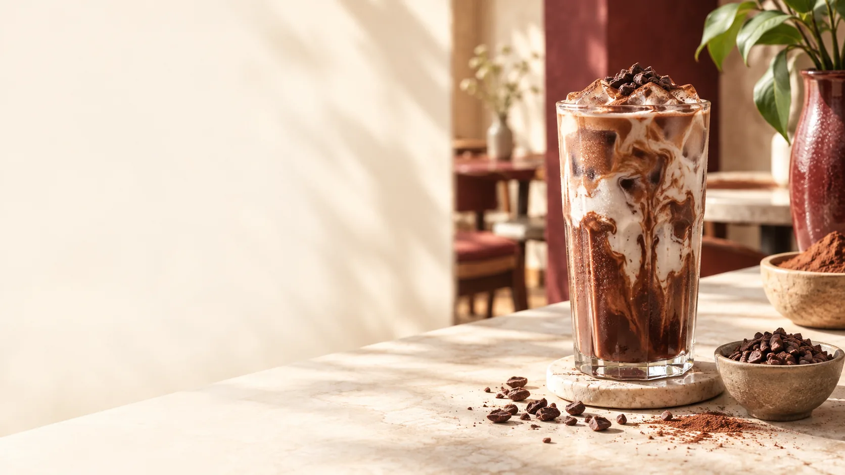 Ly cacao sữa đá trong không gian café