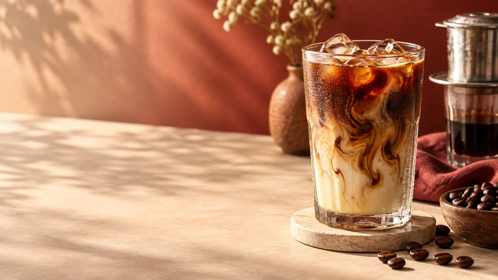 Ly cà phê sữa đá trên bàn café