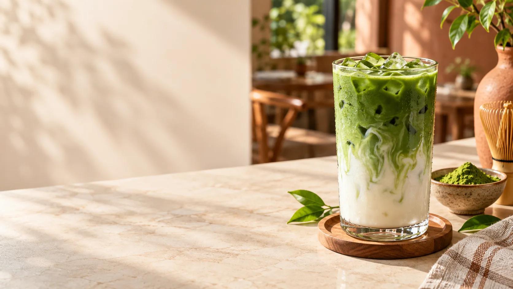 Ly matcha đá trong không gian café ấm áp