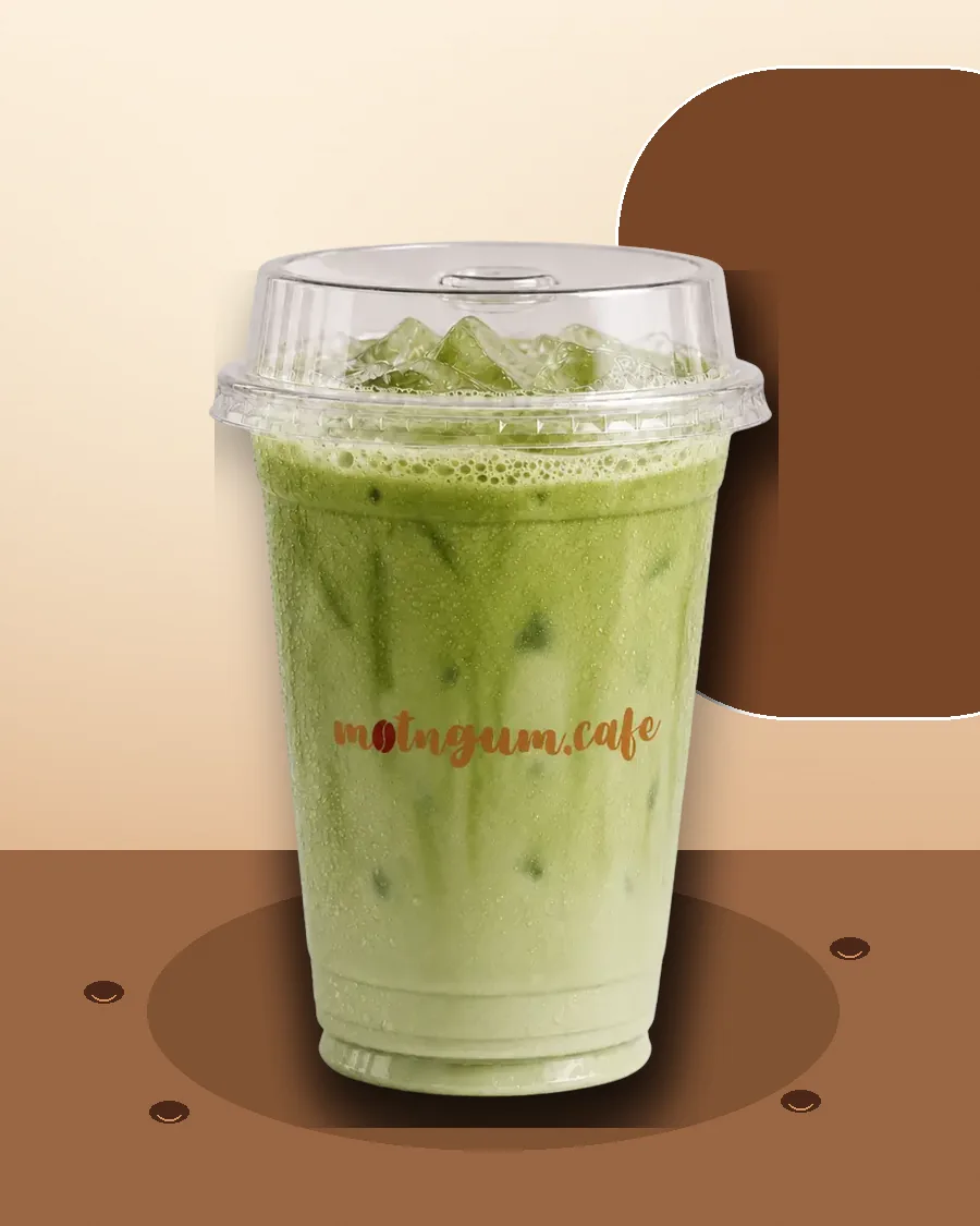 Matcha Cốt Dừa Một Ngụm trong art direction Café ấm · chất liệu mộc · ánh sáng đất
